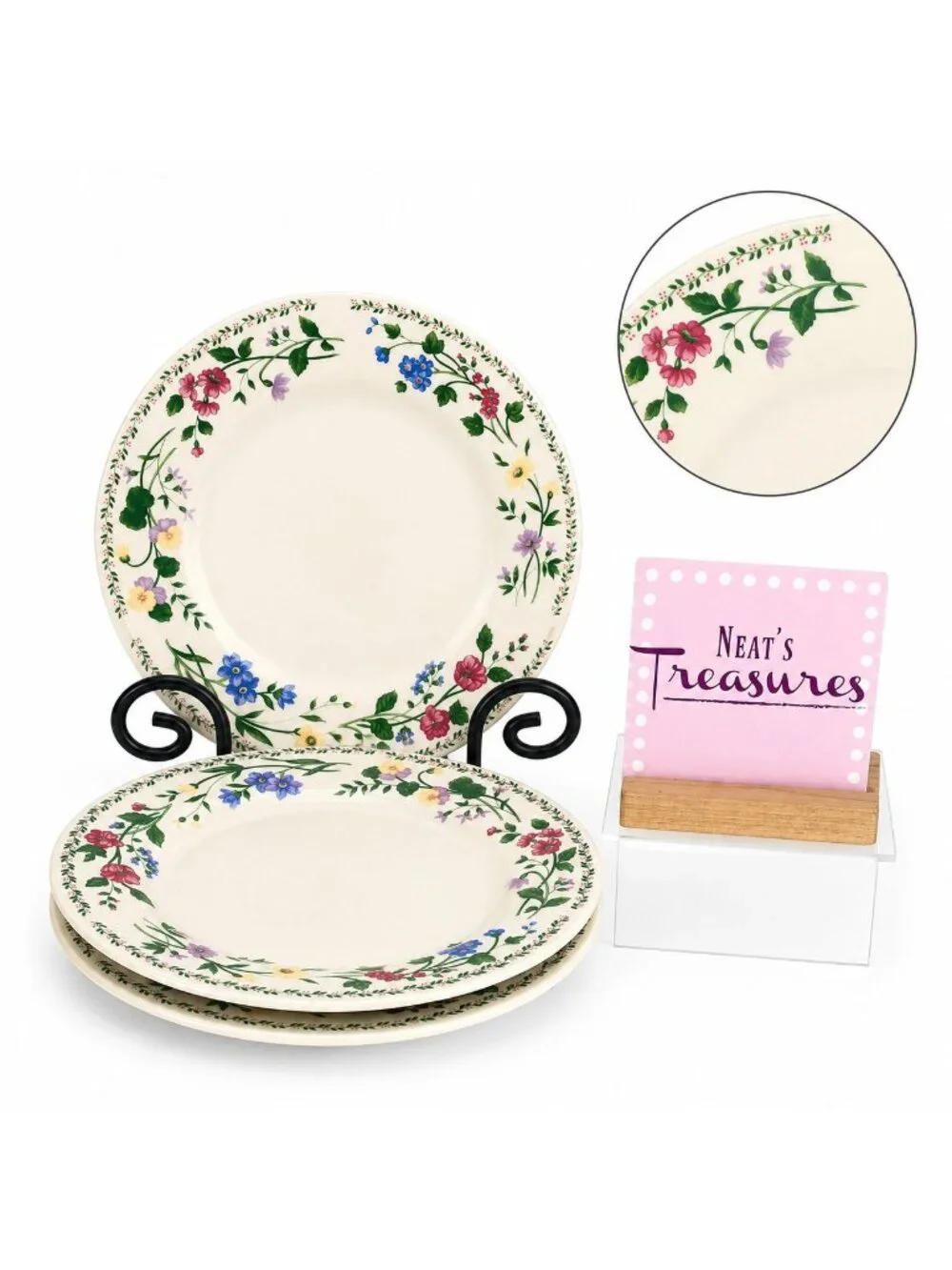 Farberware ENGLISH GARDEN Pink Blue Floral Rim Stoneware Salad Plates Set of 3